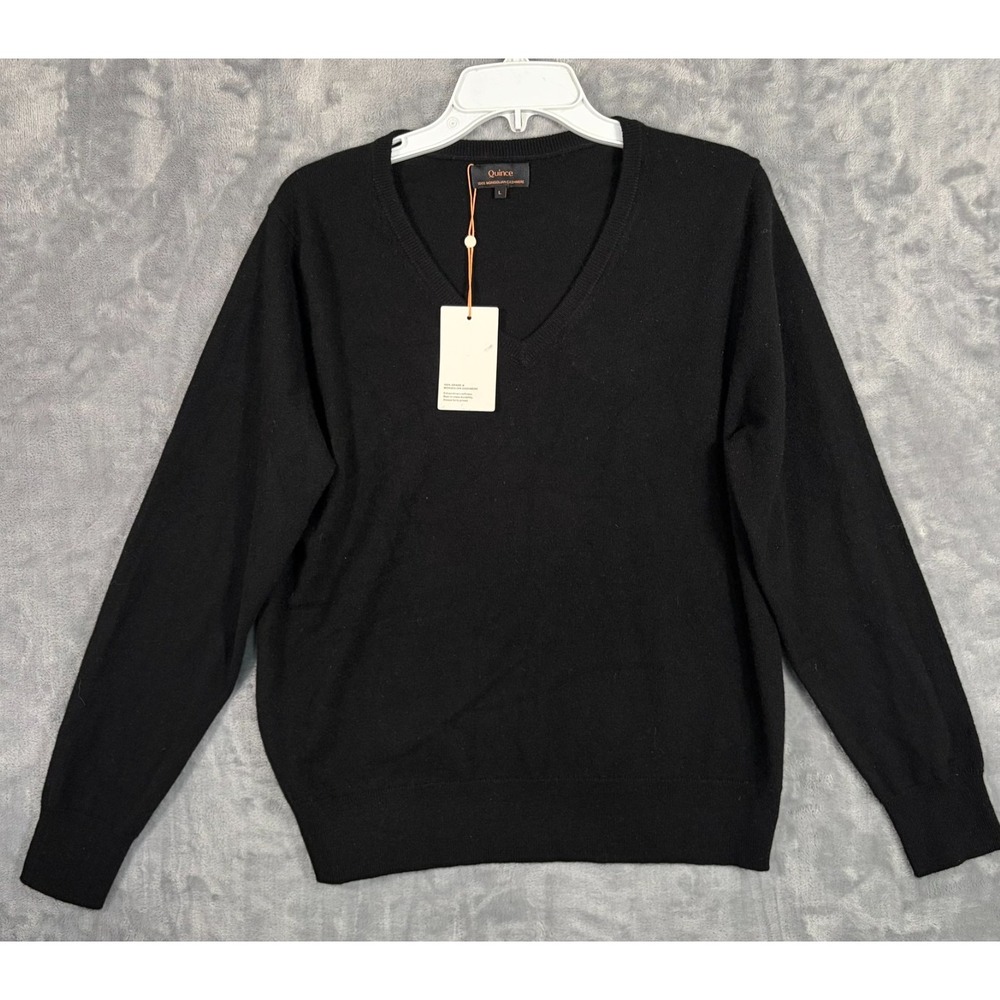 Quince Mongolian Cashmere V Neck Sweater Womens Large New Black Soft Lightweight